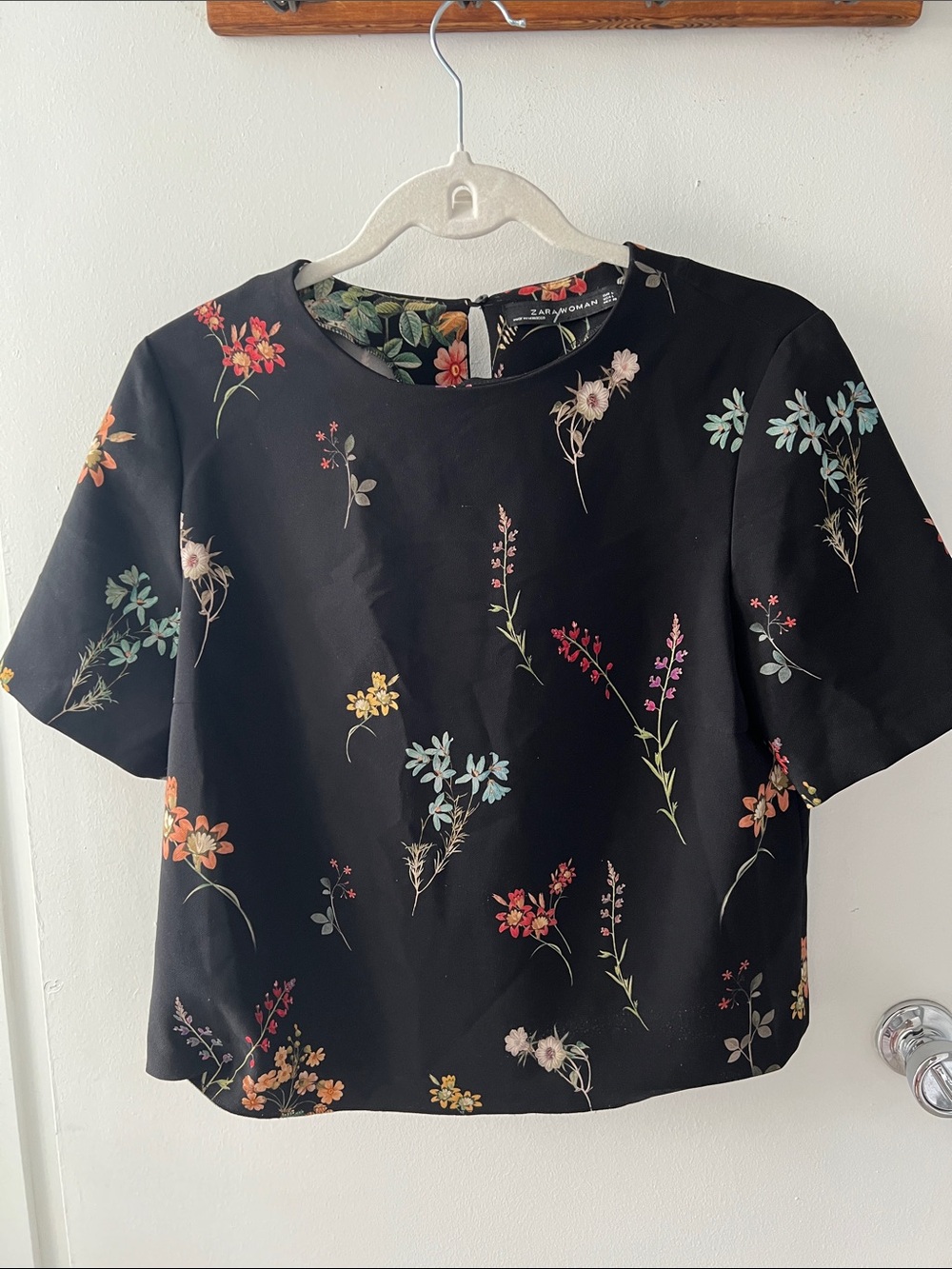 Zara Black Floral Boxy Crop Top with Multicolor Blooms